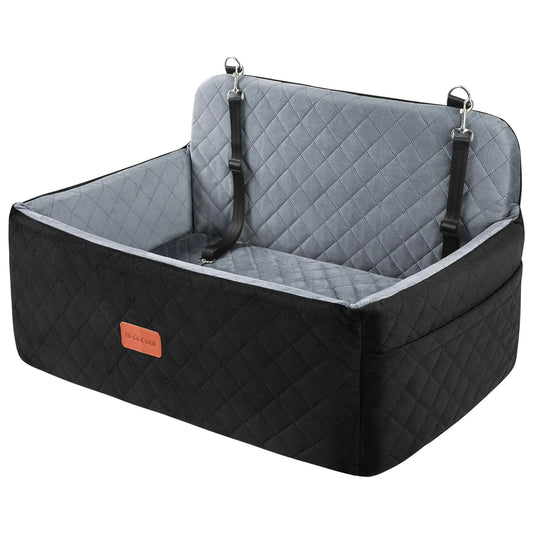 HEGGCOOE Dog Car Seat for Medium/Large Dogs Dog Booster Car Seat for Dogs Under 55 lbs or 2 Small Dogs Detachable & Washable Pet Car Seat Dog Car Bed for Backseat with 2 Safety Leashes (Black/Grey)